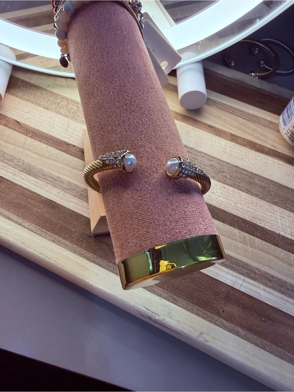 Gold-Tone Open Cuff Bracelet with Pearl Accents